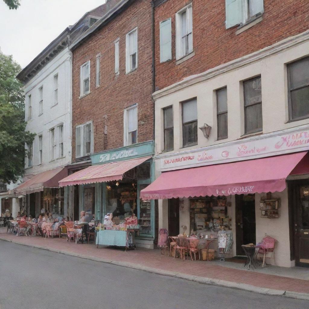 A charming street with a clothing shop next to an ice cream parlor