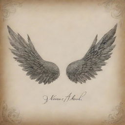 A pair of artistically designed wings next to a calligraphic inscription of the name.