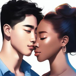 A high-quality digital art image capturing a tender moment between a young Korean man and a Black woman in love