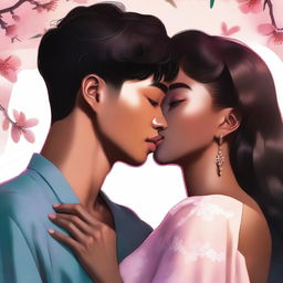 A high-quality digital art image capturing a tender moment between a young Korean man and a Black woman in love