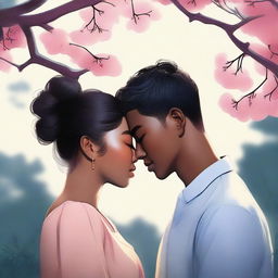 A high-quality digital art image capturing a tender moment between a young Korean man and a Black woman in love