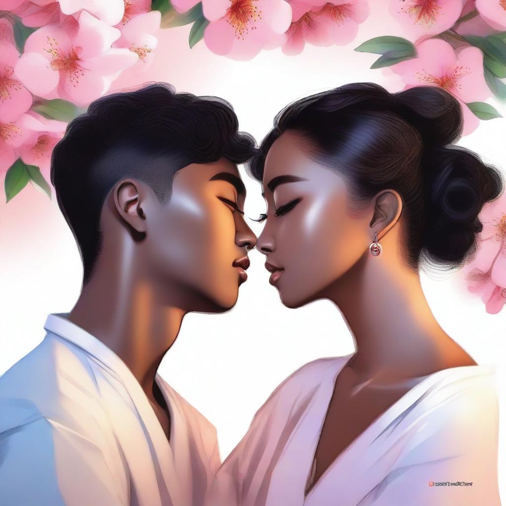 A high-quality digital art image capturing a tender moment between a young Korean man and a Black woman in love