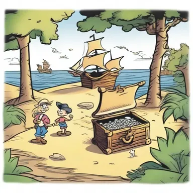 The cartoon cleverly used visual implication to hint at a hidden treasure on the pirate island.