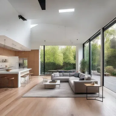 The implication of the open floor plan in modern architecture is that it promotes a sense of spaciousness and encourages social interaction.