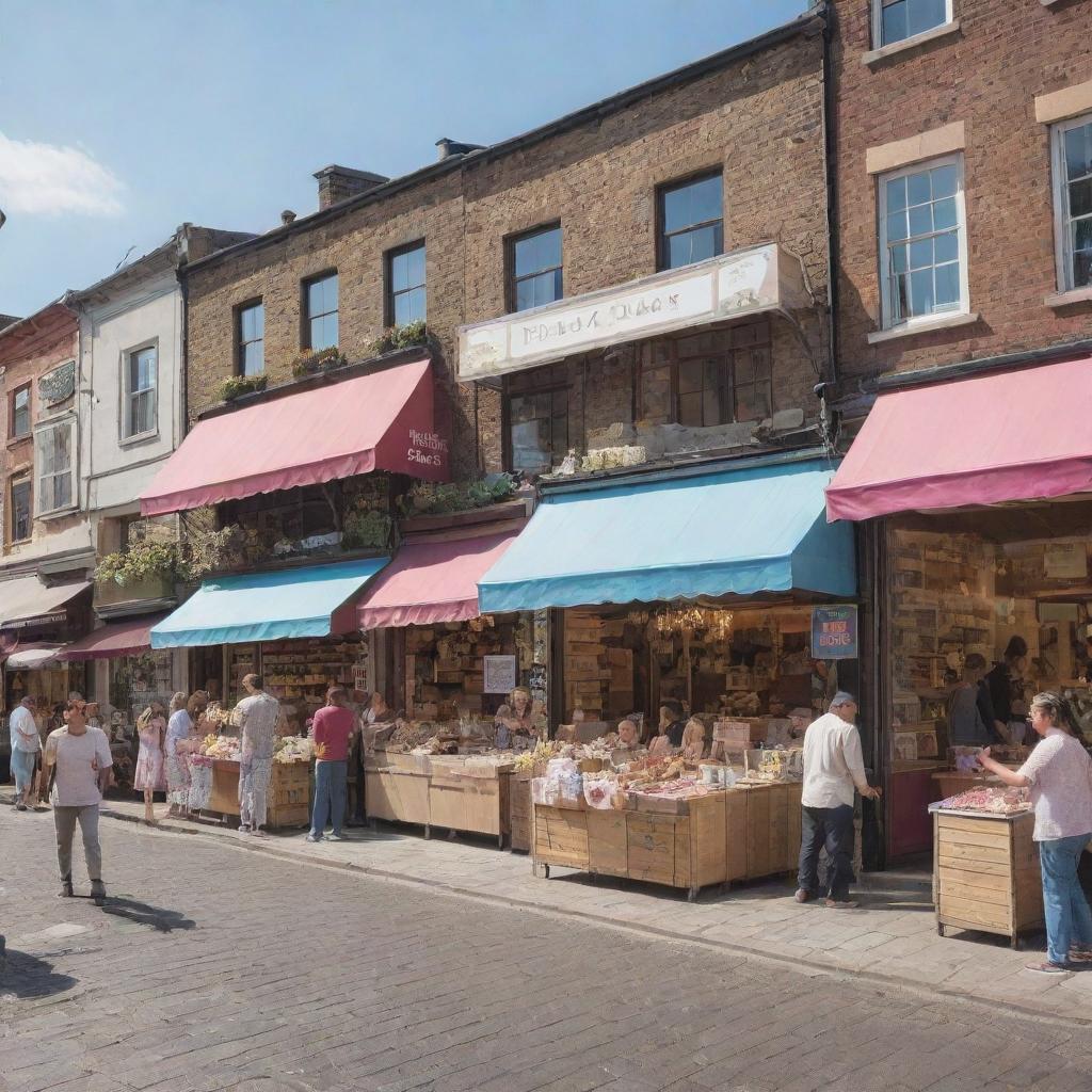 A lively market scene featuring a clothing shop and an ice cream shop next to each other