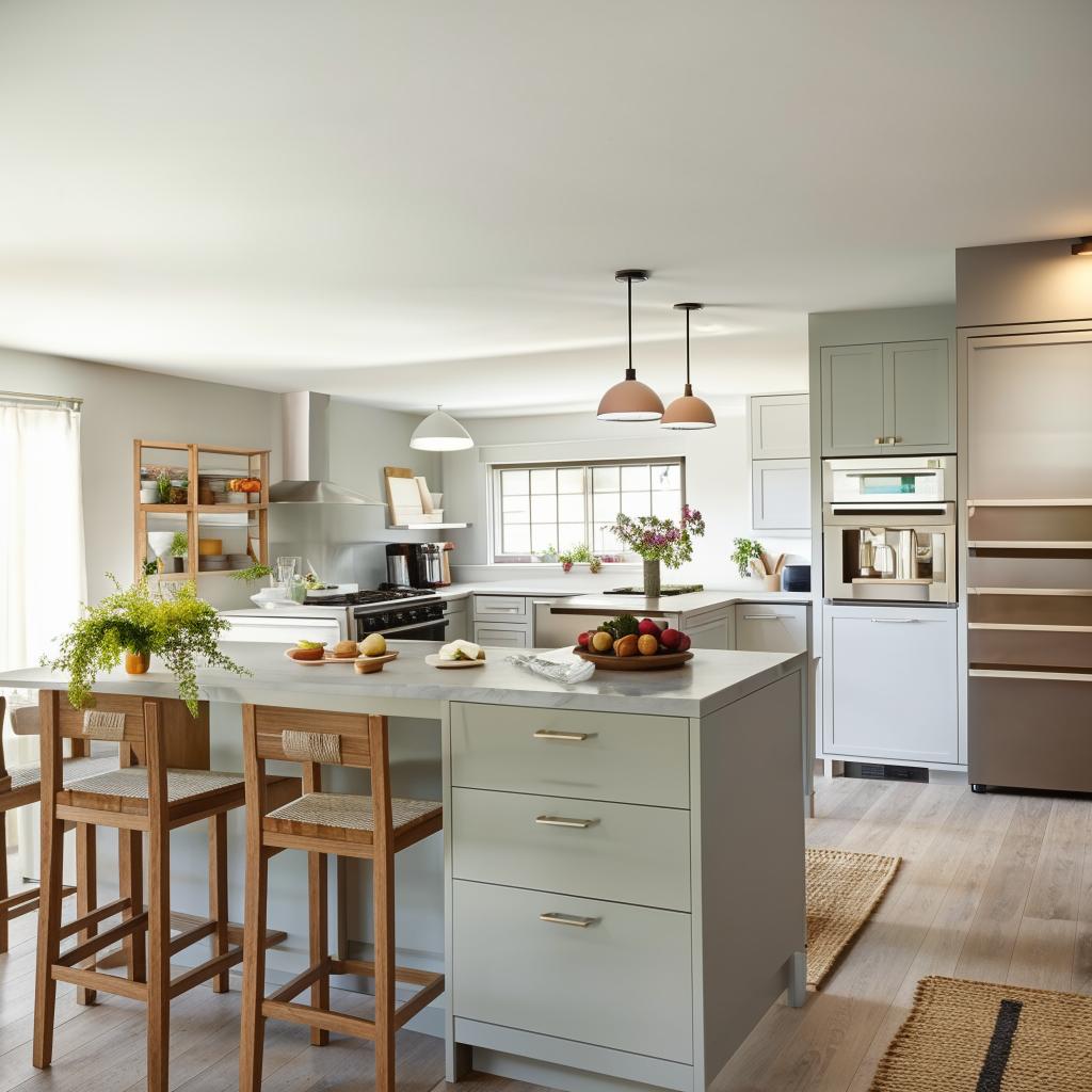 Cozy L-shaped open kitchen design with modern appliances and breakfast bar