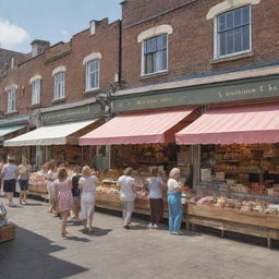 A lively market scene featuring a clothing shop and an ice cream shop next to each other