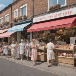 A lively market scene featuring a clothing shop and an ice cream shop next to each other