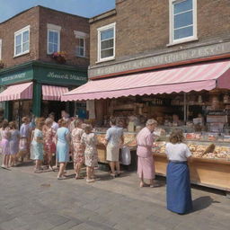 A lively market scene featuring a clothing shop and an ice cream shop next to each other