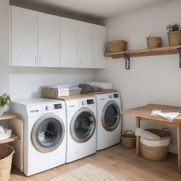 A well-lit laundry room with clean white walls, a modern washing machine and dryer setup on top of each other, baskets full of fresh laundry, and neatly folded clothes on a wooden table.