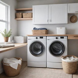 A well-lit laundry room with clean white walls, a modern washing machine and dryer setup on top of each other, baskets full of fresh laundry, and neatly folded clothes on a wooden table.