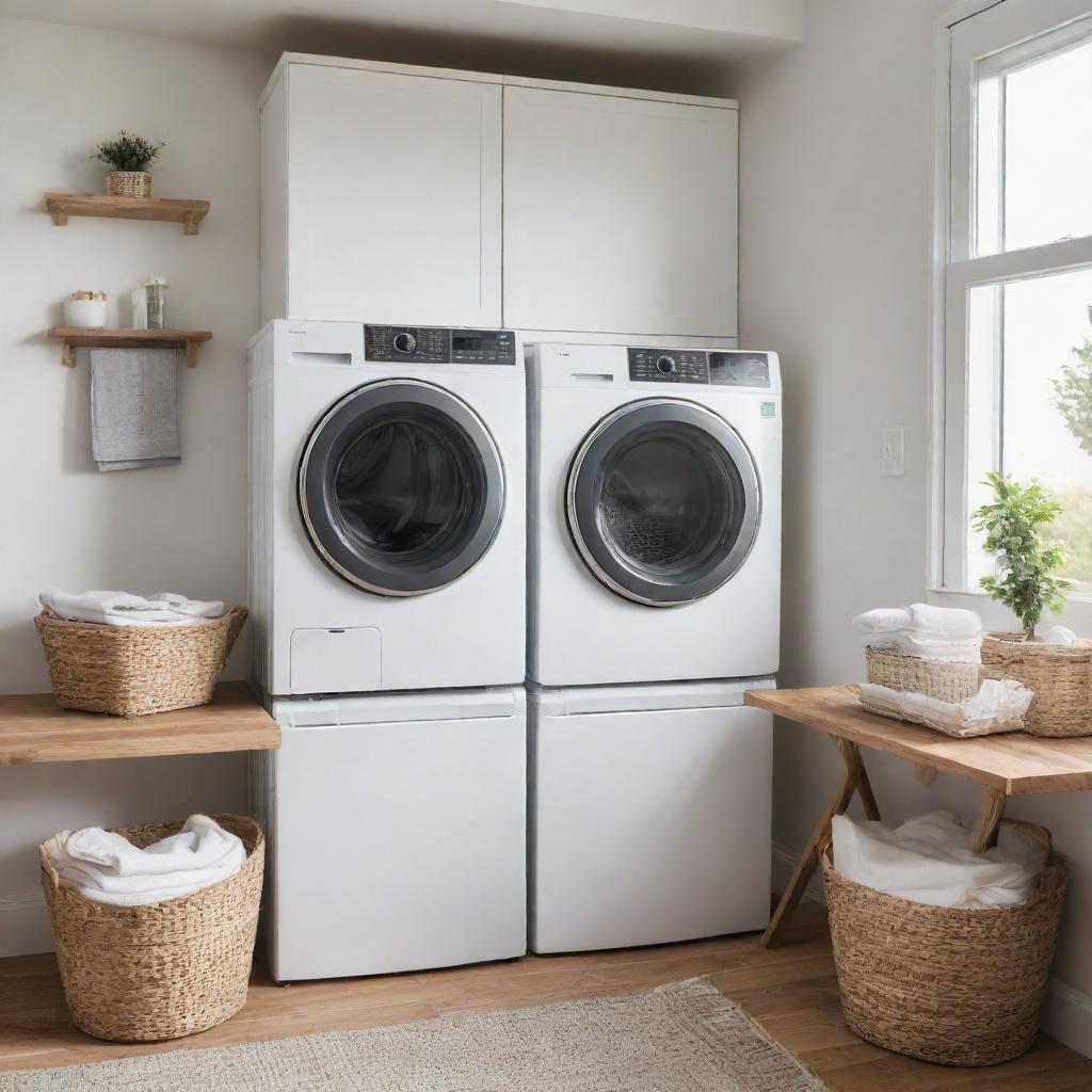 A well-lit laundry room with clean white walls, a modern washing machine and dryer setup on top of each other, baskets full of fresh laundry, and neatly folded clothes on a wooden table.