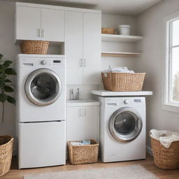 A well-lit laundry room with clean white walls, a modern washing machine and dryer setup on top of each other, baskets full of fresh laundry, and neatly folded clothes on a wooden table.