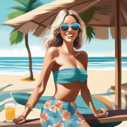 This is a high-quality digital art image showcasing a joyful woman at a beach bar