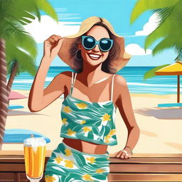 This is a high-quality digital art image showcasing a joyful woman at a beach bar