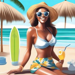 This is a high-quality digital art image showcasing a joyful woman at a beach bar