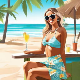 This is a high-quality digital art image showcasing a joyful woman at a beach bar