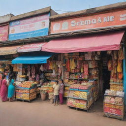 A vibrant market scene with a clothing store, an ice cream shop, and a kirana shop (traditional Indian grocery store)