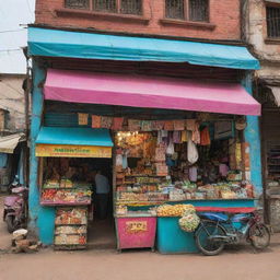 A vibrant market scene with a clothing store, an ice cream shop, and a kirana shop (traditional Indian grocery store)