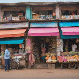 A vibrant market scene with a clothing store, an ice cream shop, and a kirana shop (traditional Indian grocery store)