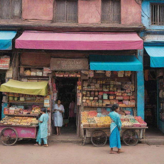 A vibrant market scene with a clothing store, an ice cream shop, and a kirana shop (traditional Indian grocery store)