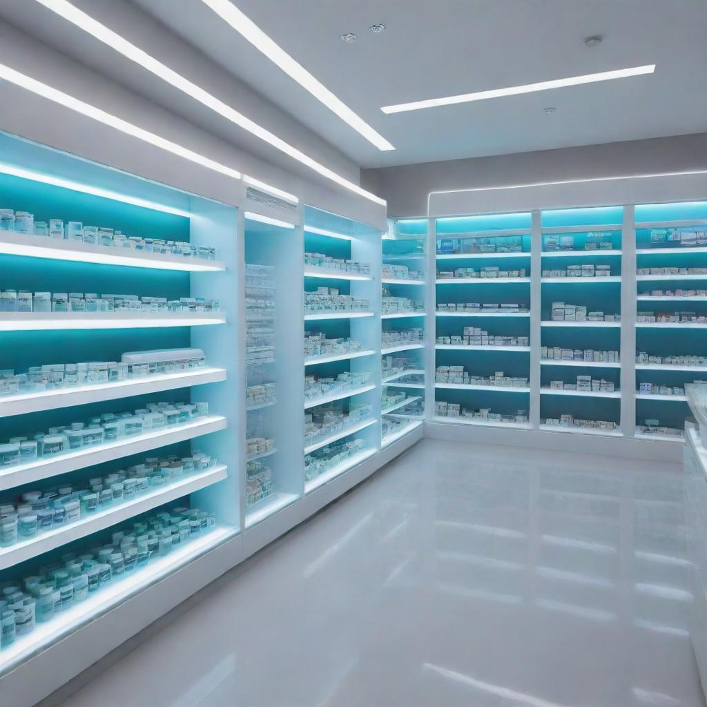 A futuristic electronic pharmacy with shelves filled with glowing digital displays in place of traditional medicine bottles. The pharmacy also includes interactive touch panels for customers' use.