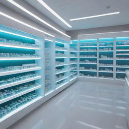 A futuristic electronic pharmacy with shelves filled with glowing digital displays in place of traditional medicine bottles. The pharmacy also includes interactive touch panels for customers' use.