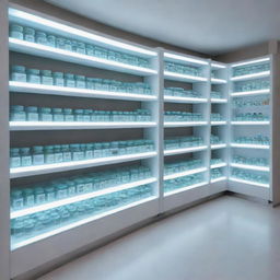 A futuristic electronic pharmacy with shelves filled with glowing digital displays in place of traditional medicine bottles. The pharmacy also includes interactive touch panels for customers' use.