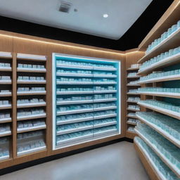 A futuristic electronic pharmacy with shelves filled with glowing digital displays in place of traditional medicine bottles. The pharmacy also includes interactive touch panels for customers' use.