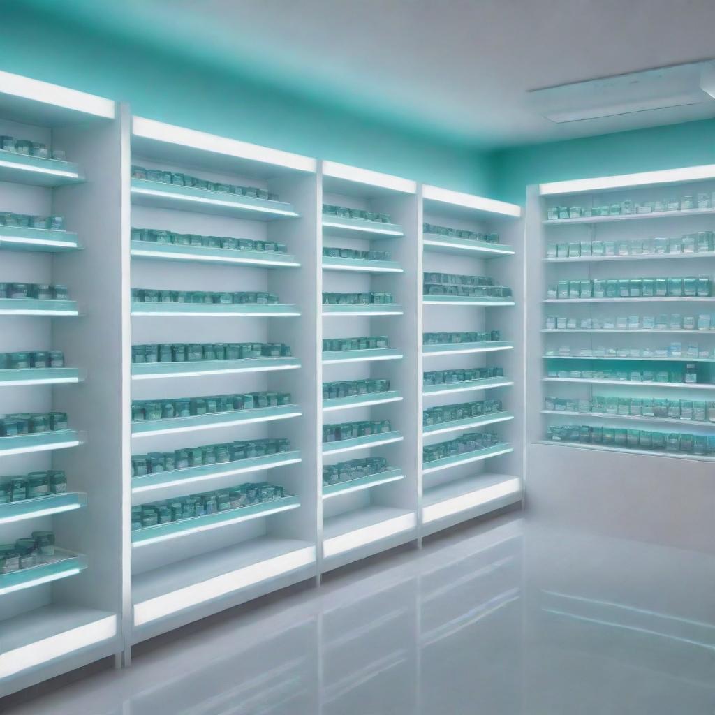 A futuristic electronic pharmacy with shelves filled with glowing digital displays in place of traditional medicine bottles. The pharmacy also includes interactive touch panels for customers' use.