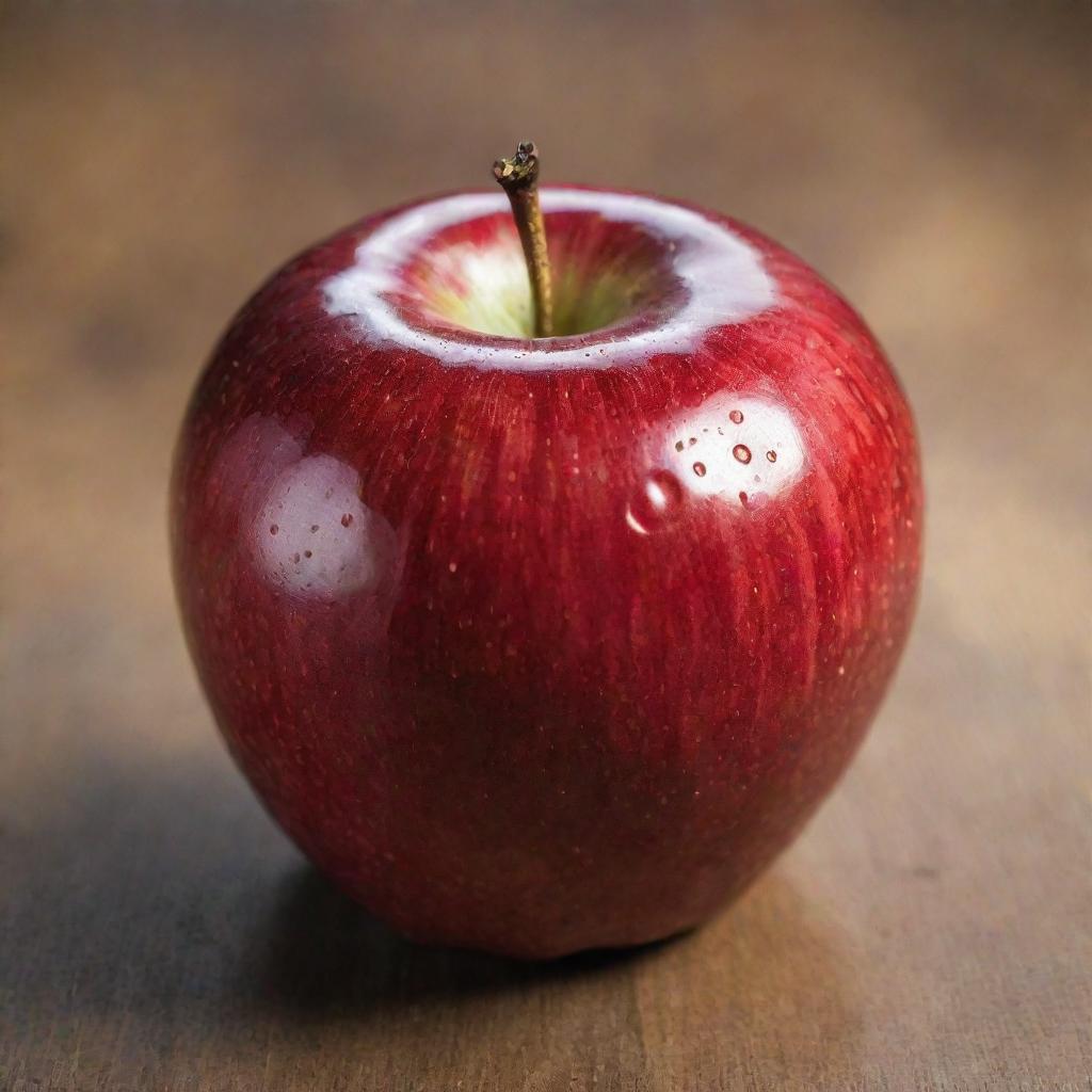 A shiny, red apple with a textured skin, sitting on a wooden surface