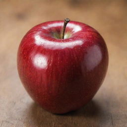 A shiny, red apple with a textured skin, sitting on a wooden surface