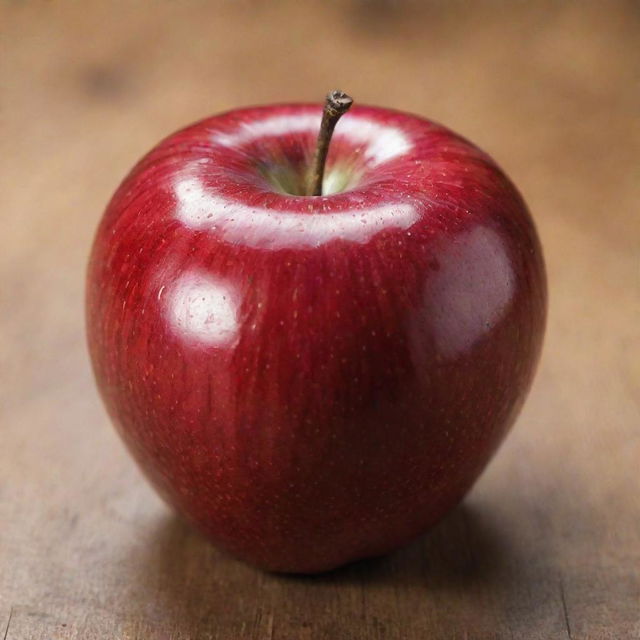 A shiny, red apple with a textured skin, sitting on a wooden surface