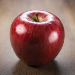 A shiny, red apple with a textured skin, sitting on a wooden surface