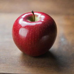 A shiny, red apple with a textured skin, sitting on a wooden surface