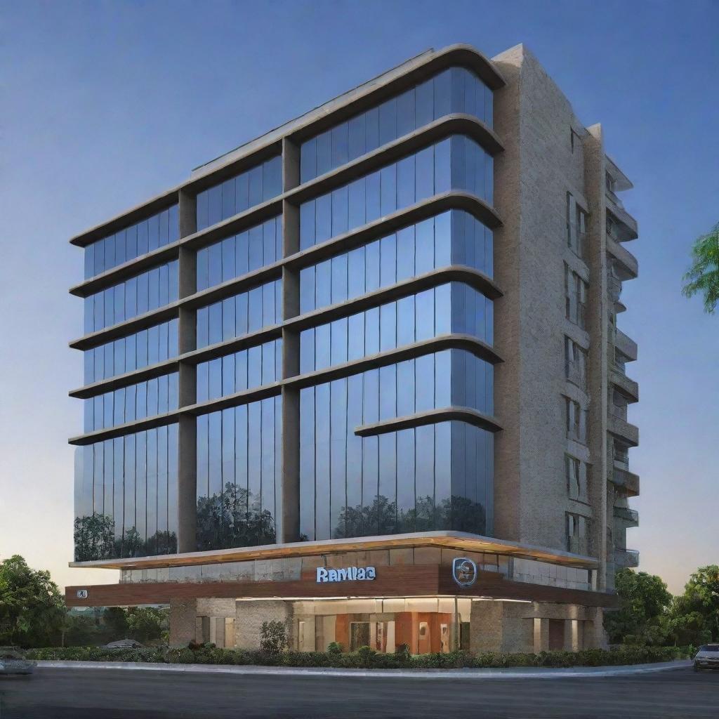 Generate an image of a professional and modern building with a sign at the front displaying 'Balaji Enterprises'