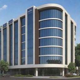 Generate an image of a professional and modern building with a sign at the front displaying 'Balaji Enterprises'