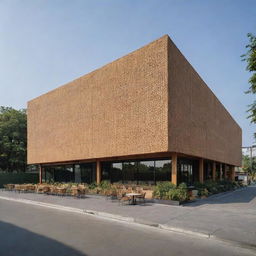 A frontal distant view of a 700-square meter rectangular waffle restaurant, accentuating its proportion and external appeal.