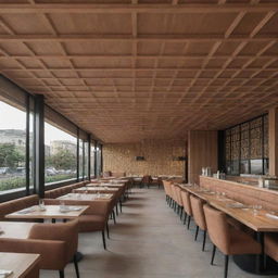 A frontal distant view of a 700-square meter rectangular waffle restaurant, accentuating its proportion and external appeal.