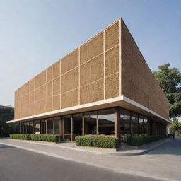 A frontal distant view of a 700-square meter rectangular waffle restaurant, accentuating its proportion and external appeal.