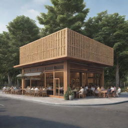 An artist's perspective view from a distance of a 700-square meter rectangular waffle restaurant, featuring its attractive frontal exterior.