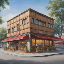 Painting showcasing a distant perspective of a 700-square meter rectangular waffle restaurant, capturing its front view and exterior design.