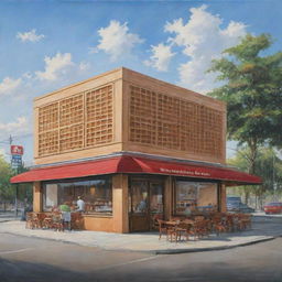 Painting showcasing a distant perspective of a 700-square meter rectangular waffle restaurant, capturing its front view and exterior design.