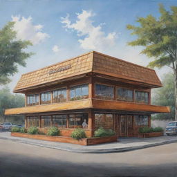 Painting showcasing a distant perspective of a 700-square meter rectangular waffle restaurant, capturing its front view and exterior design.