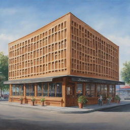 Painting showcasing a distant perspective of a 700-square meter rectangular waffle restaurant, capturing its front view and exterior design.