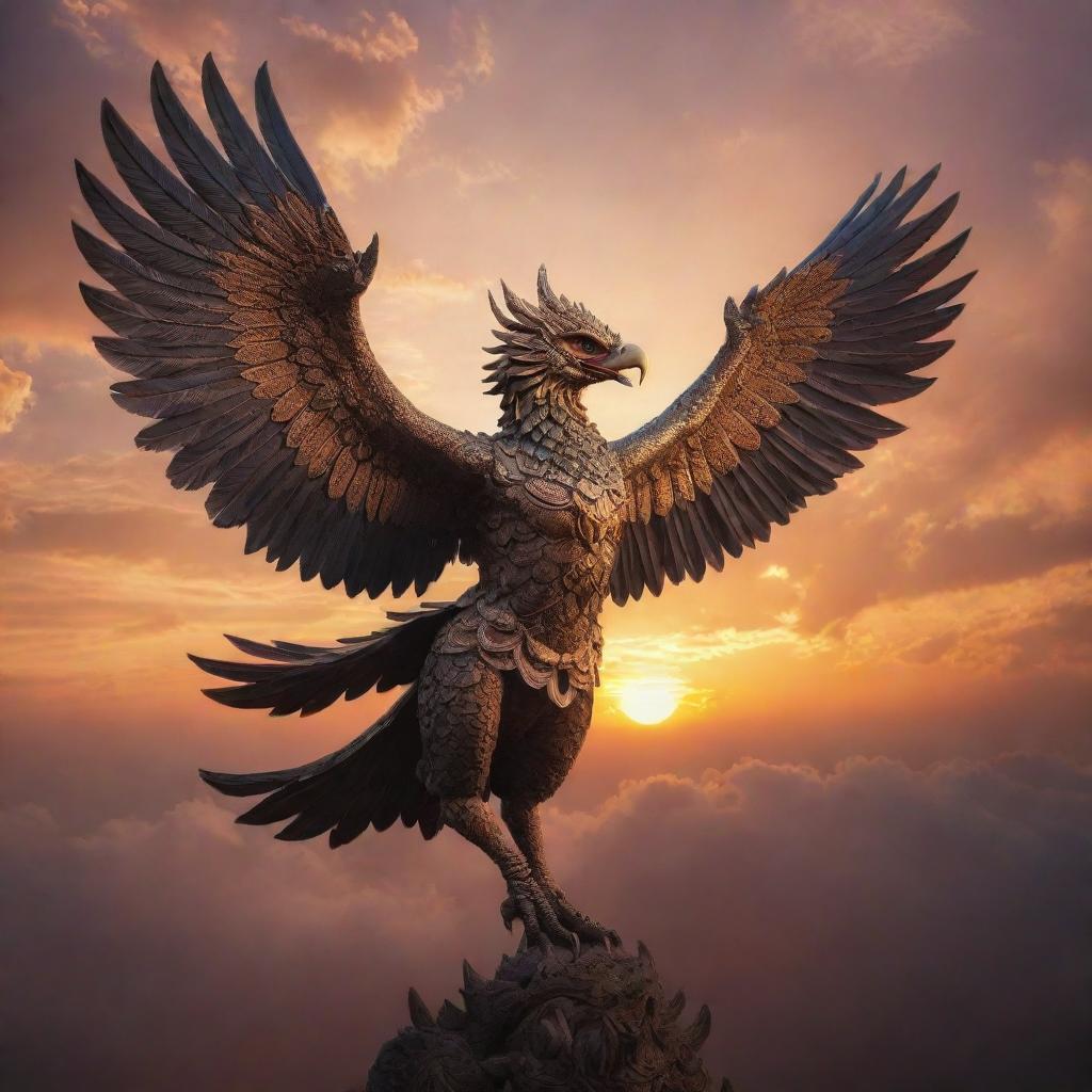 A person soaring high in the sky above a majestic, intricately detailed Garuda, the mythical bird creature, with a surreal, breathtaking sunset background.