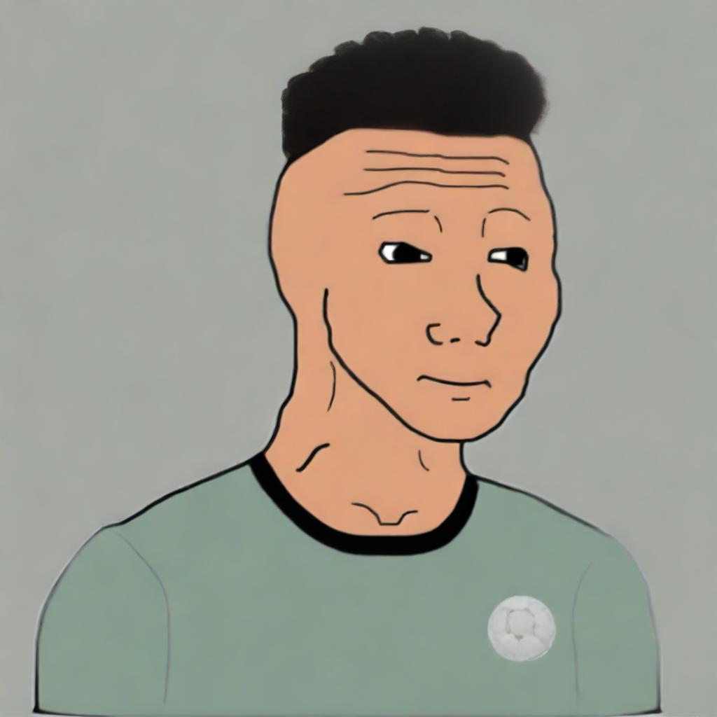 A high-quality digital art of a Wojak character resembling Cristiano Ronaldo, complete with his iconic hairstyle and football jersey, set against a plain background