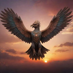 A person soaring high in the sky above a majestic, intricately detailed Garuda, the mythical bird creature, with a surreal, breathtaking sunset background.