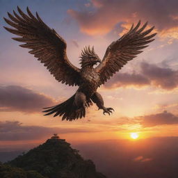 A person soaring high in the sky above a majestic, intricately detailed Garuda, the mythical bird creature, with a surreal, breathtaking sunset background.