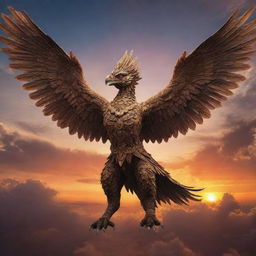 A person soaring high in the sky above a majestic, intricately detailed Garuda, the mythical bird creature, with a surreal, breathtaking sunset background.